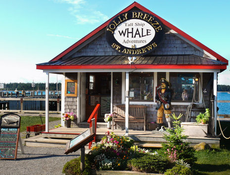 The Jolly Breeze Ticket Office at the Saint Andrew Pier with Docks and Boats in the Background, New Brunswick